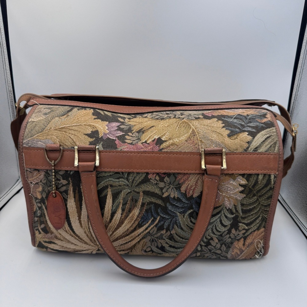 Boyt Vintage Floral Tapestry Weekender Bag Leather Trim Brown Green Satchel